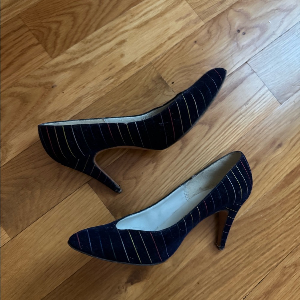 Vintage Navy Multi-colored Pinstripe Heels